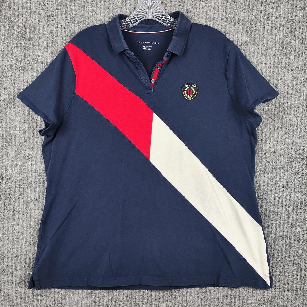 Tommy Hilfiger Polo Shirt Mens 2XL Navy Colorblock Diagonal Stripe Crest Logo